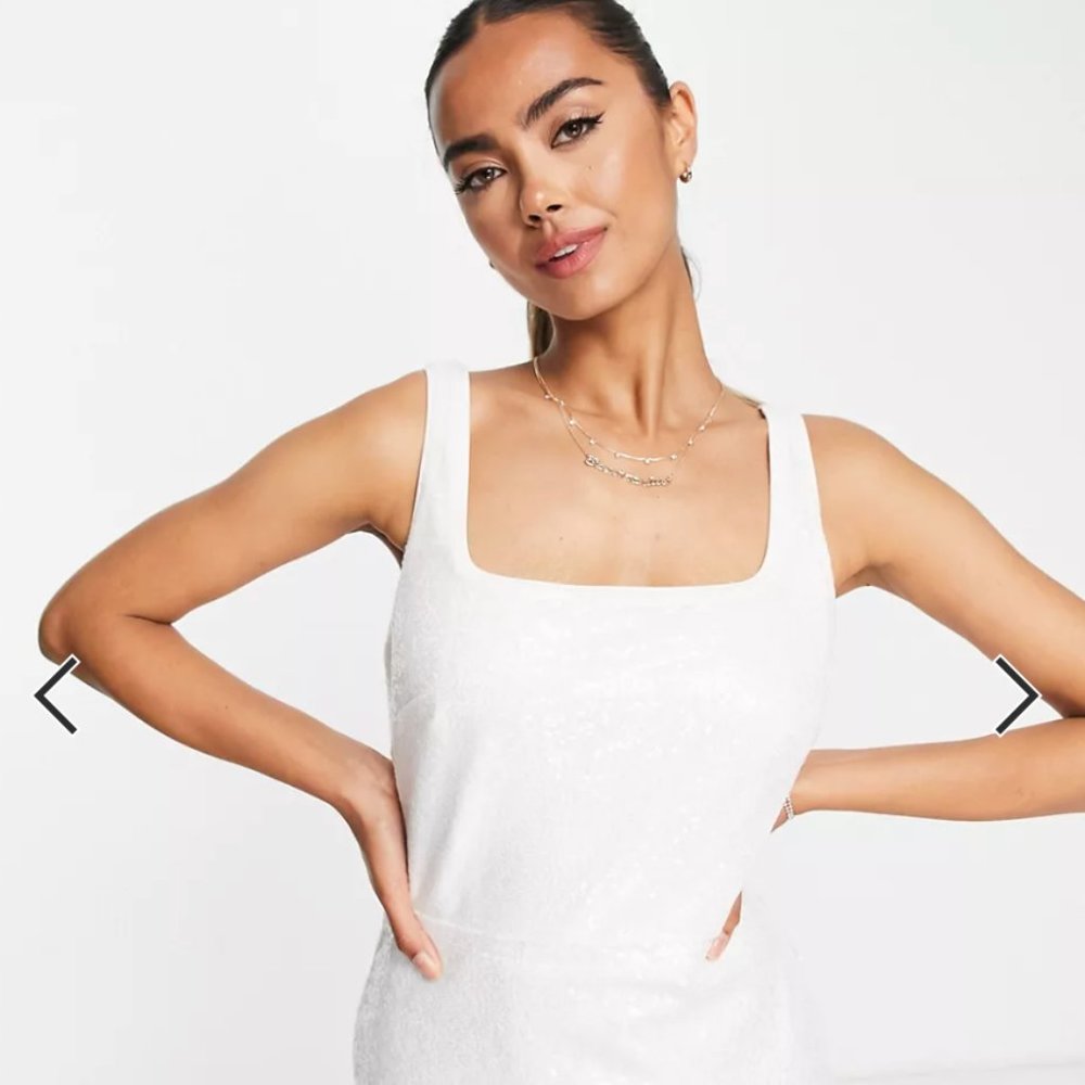 In The Style Exclusive sequin square neck midi dress in winter white